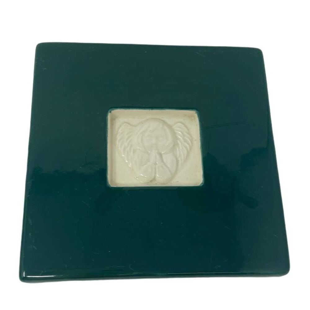 6 inch CERAMIC TILE TRIVET TREASURE CRAFT GREEN & WHITE W/ ANGEL CHERUB